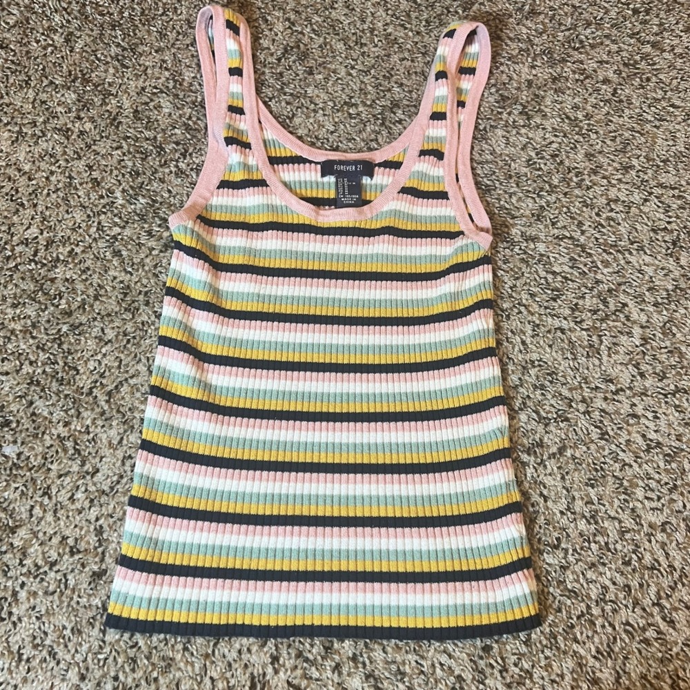 Forever 21 Striped Ribbed Tank Top Pink Yellow Green Blue White Black Size M